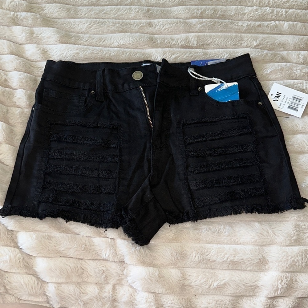 Size 7YMI hi rise, distressed black shorts